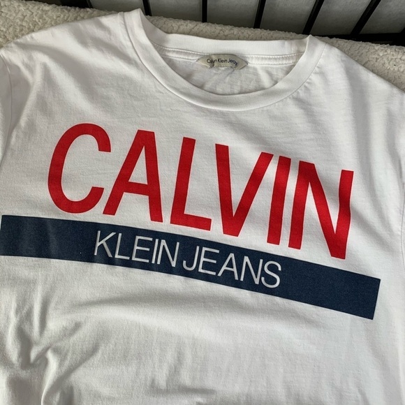 Men’s Calvin Klein Jeans Logo Graphic Monogram Crewneck T-Shirt White Red Medium - Picture 9 of 10